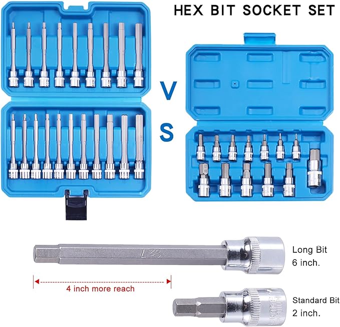 20PCS Extra Long Hex Bit Socket Set 3/8 Inch Drive | Standard SAE & Metric (1/8-Inch - 3/8-Inch, 3-12mm) | S2 Alloy Steel Allen Bits | Heavy Duty Cr-V Sockets Set