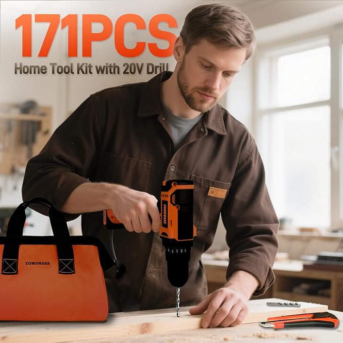 COMOWARE 20V Cordless Drill Set, 171Pcs Home Tool Set with Cordless Drill Driver, Complete Repair Tool Kit for Men, Storage Bag, Ideal for Office, Garden, DIY Project
