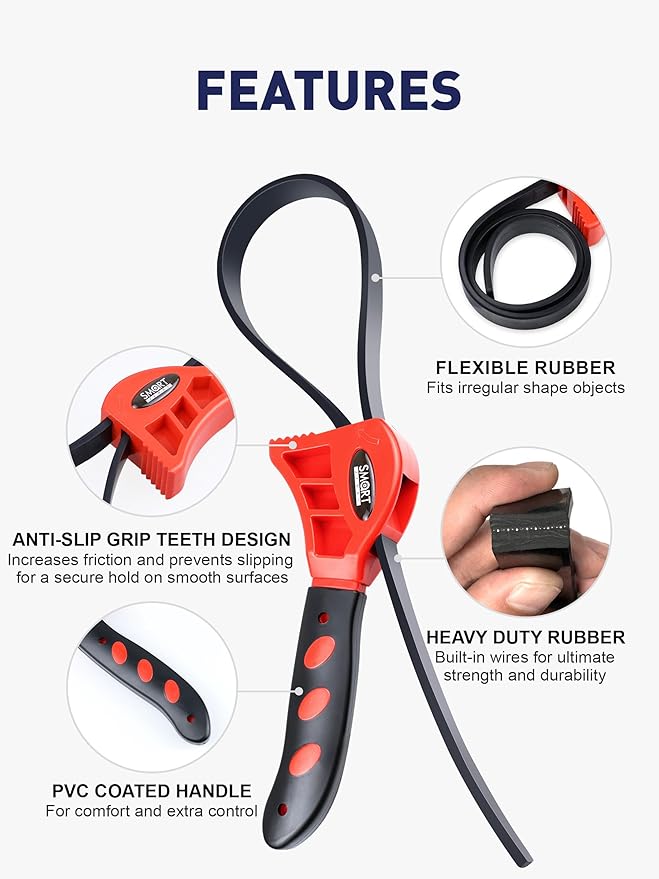SMART JERRY - Rubber Strap Wrench Plumbing | 2-Pack Anti-Scratch Belt Wrenches for Shower Heads, Oil Filter, Pipes & Drain | Adjustable Shower Head Wrenches | Oil Filter Strap Wrench