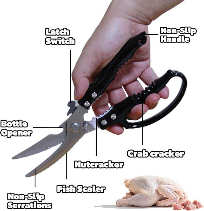 Heavy Duty Kitchen Shears - Ultra Sharp All Purpose Food Scissors for Cutting Chicken Bones, Meat & Vegetables, Multi-Function Stainless Steel Cooking Shears (Black)