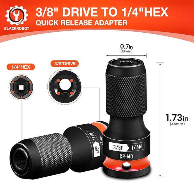 BLACKROBOT 2PCS Quick Release Impact Bit Holders 3/8-Inch Square Drive to 1/4-Inch Hex Socket Adapter, CR-MO Steel, Red
