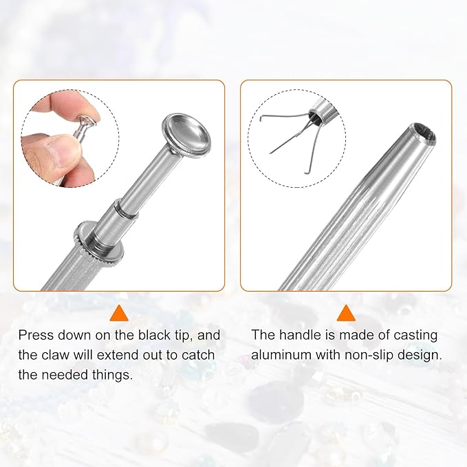 HARFINGTON 3pcs Diamond Tweezer Holder Pick Up Tool Set Stainless Steel 4 Claw Holder Straight/Elbow Head Jewelry Locking Tweezer for Tiny Objects Electronic Components, Silver