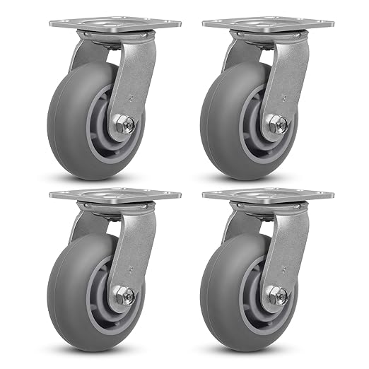 5" x 2" Thermoplastic Rubber Wheels (Crown Tread)- Set of 4 Heavy Duty Casters- 1600 LB Capacity- No Noise Plate Caster for Furniture Platform Trucks Workbench (4 Pack Swivel)