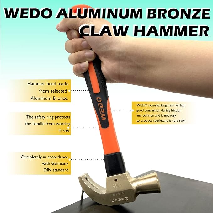 WEDO Non-Sparking Claw Hammer 32oz(2lb), Spark-free Safety Claw Hammer, Aluminum Bronze, Die-Forge, Corrosion Resistant, DIN Standard, 375mm Length