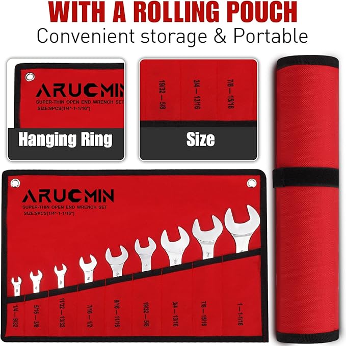ARUCMIN Super-Thin Open End Wrench Set, 18-Piece SAE & Metric 1/4" to 1-1/16" and 5.5mm to 27mm Chrome Vanadium Steel Wrench Set with Rolling Pouch