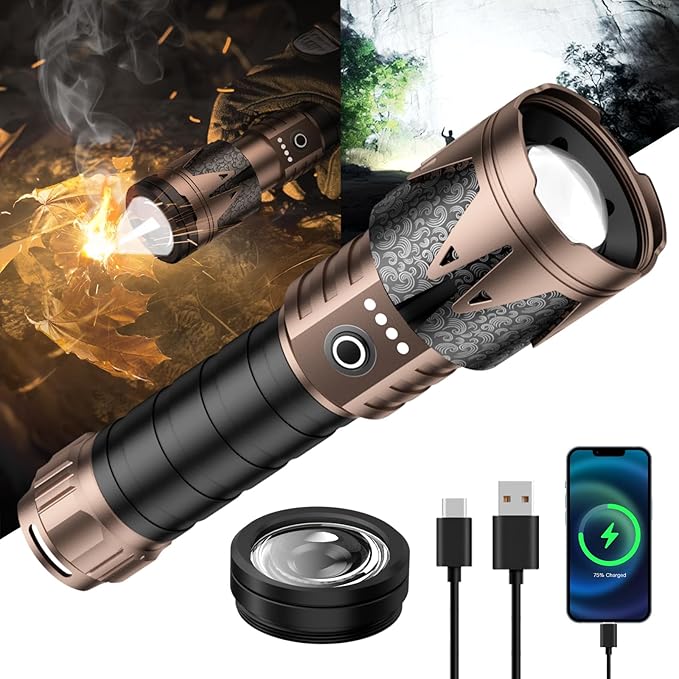 SKYFIRE Rechargeable Flashlights High Lumens with Ignition Lens,5000 Super Bright Tactical Flashlight,Zoomable,6Modes,Waterproof Flash Light for Camping Essentials,Outdoor,Home Emergency-Upgraded