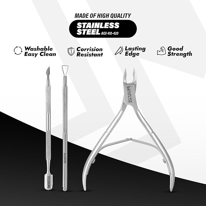 MUSI Cuticle Trimmer, Remover & Pusher ??Professional Pedicure & Manicure Tools for Fingernails & Toenails, Dead Skin Removal, Durable Stainless Steel Nipper, Cutter & Clippers Kit