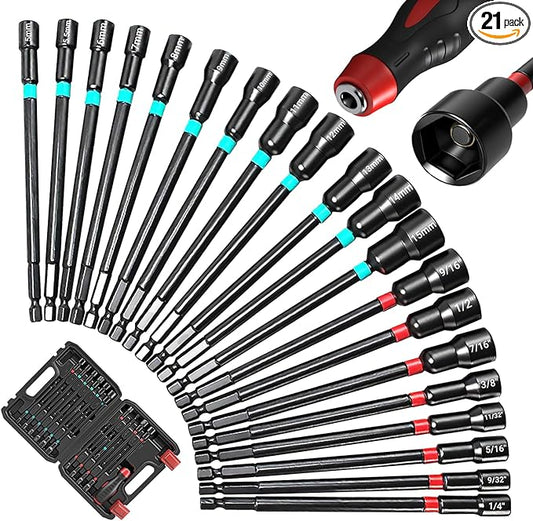 21-Piece Magnetic Nut Driver Set - SAE (1/4" to 9/16") & Metric (5mm to 15mm) Nut Driver Set with Non-Slip Silicone Grip Handle - Cr-V Magnetic Socket set