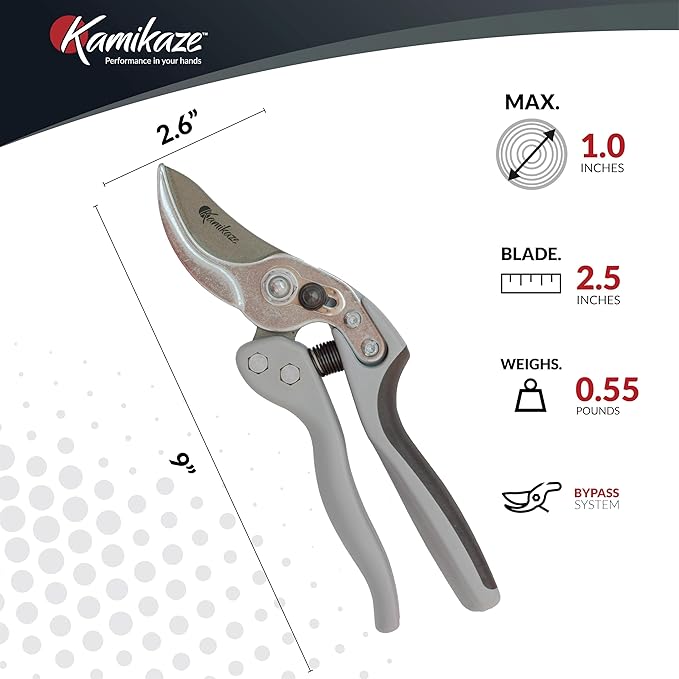 Kamikaze Pruning Shears, Professional Heavy Duty Handheld Clippers with Japanese Steel Titanium Blade, 1" Cutting Capacity, Ergonomic Handle Reduces Fatigue & Boosts Efficiency ??Arthritis-Friendly