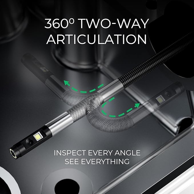 Two-Way Articulating Borescope 360째, Dual Lens Inspection Camera with Light, 6mm Lens Snake Camera for Mechanic Inspections, and Plumbing, .24in Borescope Automotive, Industrial Endoscope, 5ft