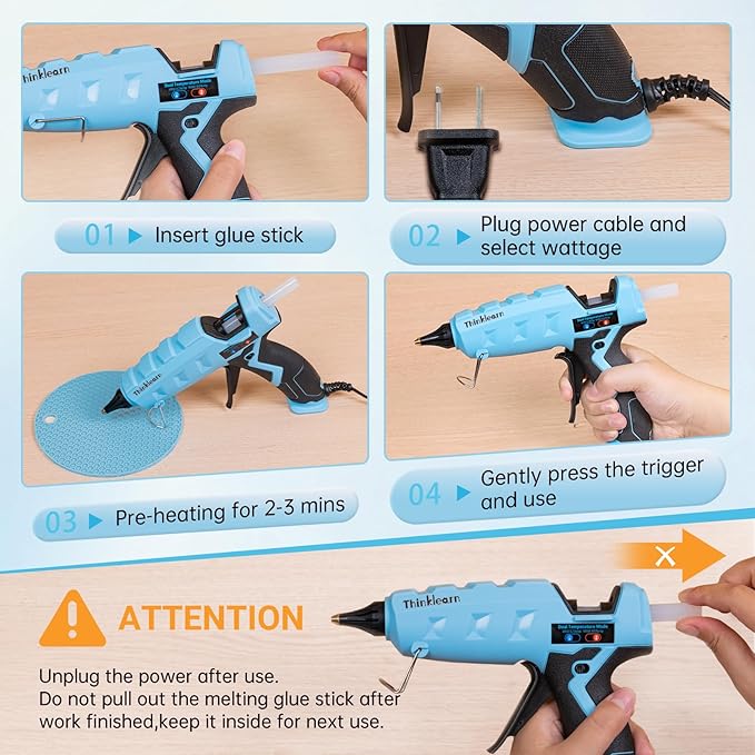ThinkLearn 60/100W Dual Power Hot Glue Gun Kit with 15 Glue Sticks (7/16"), Heavy Duty Large Glue Gun for Crafts, DIY, Home Repairs - Blue