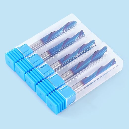 HQMaster Spiral Router Bit Downcut 1/4 Inch Shank Solid Carbide CNC Router Bit with Nano Blue Coating CNC Bits End Mill for Woodwork Mortise Slot Trim, 5 Pack