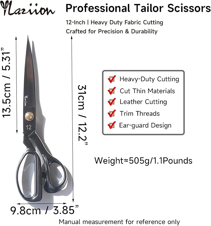 YLaziion 12-Inch Heavy Duty Fabric Scissors, Professional Tailor Shears with Ear-Guard Handle for Ultimate Control ??Large Dressmaking Shears for Sewing, Leather & Quilting, 1.1LB Right-Handed