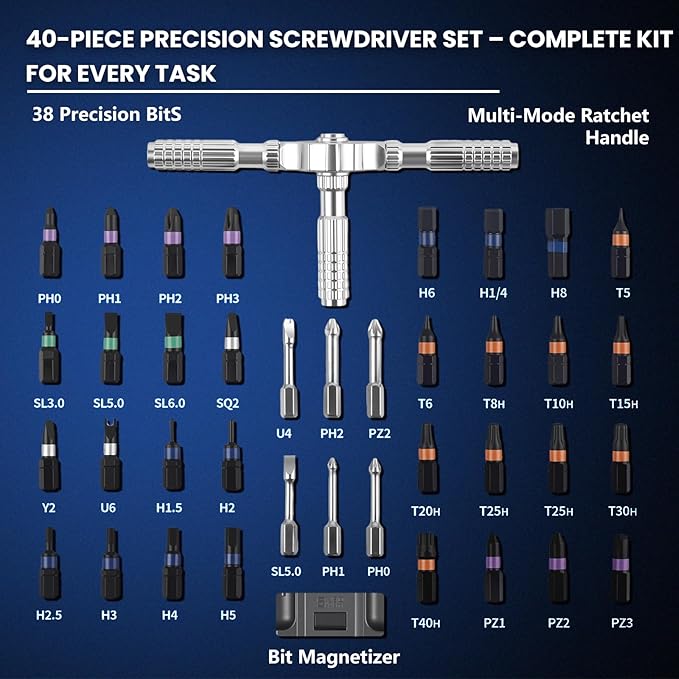 40-in-1 Magnetic Ratchet Screwdriver Set with Detachable T-Handle, Dual-Direction Gear, Magnetic Booster, Extended Grip & Storage Box for Home DIY, Small Appliances& General Repairs