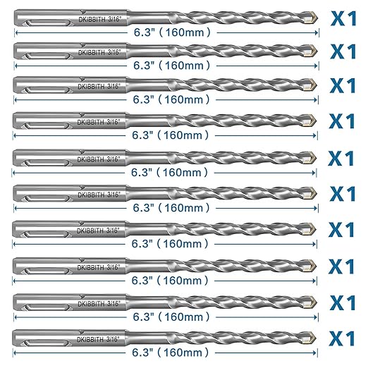 10-Piece 3/16” SDS Plus Drill Bits Rotary Hammer Drill Bit Set, Carbide Tipped for Drilling Concrete Cement Porcelain Tiles Ceramic Pots Stone Brick, Diameter 5mm, 160mm Long, SDS Plus Shank