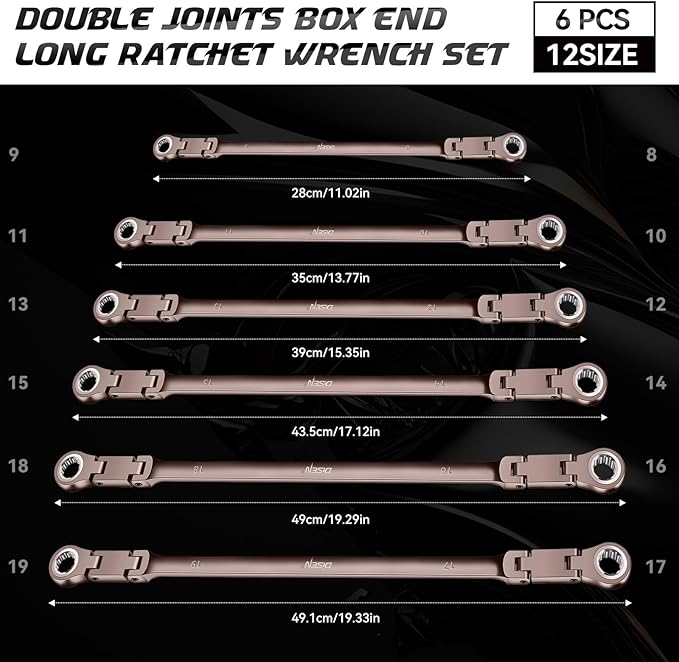 DISEN Upgraded Double Jointed Extra Long Flex Head Ratchet Wrench Set, 6 PCS Metric 8-19mm Box End Ratcheting Wrench set with Magnetic Pickup Tool, 72-Teeth, Cr-V Steel,12 Point, Grey Nickel