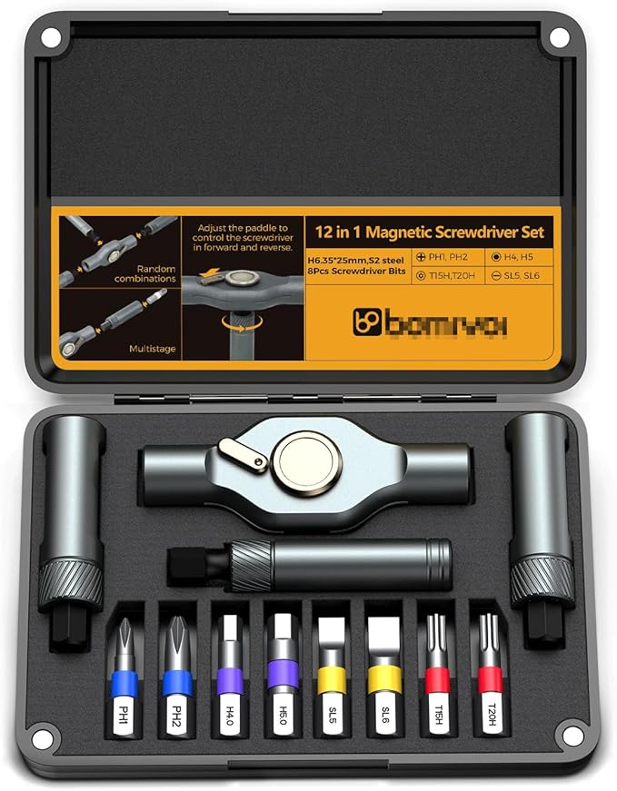 ORIA Ratchet Screwdriver Set, 12 in 1 Portable Magnetic Screwdriver Set with Detachable T-Handle, 8 Color-Coded Bits, Repair Tool Kit for Electronics, PC, Laptop, DIY Projects