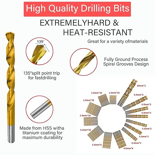 99pcs Titanium Coated Drill Bit Set,Twist Drill Bits for Drilling Wood Copper Aluminum Alloy Plastic,135째 Point Angle Metric Sizes from 1/16" up to 3/8" with Storage Case