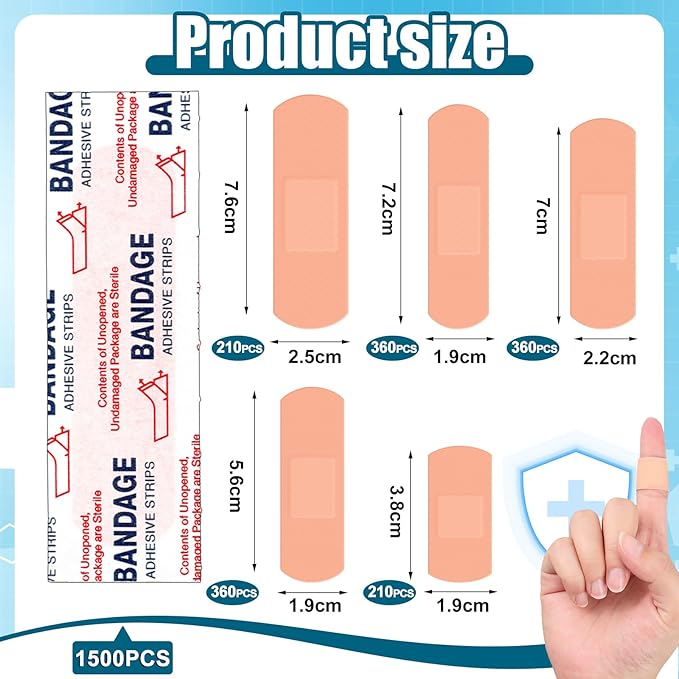 Timgle 1500 Pcs Variety Pack Adhesive Bandages Bulk Waterproof Adhesive Breathable Bandages for Sensitive Skin School Nurses Businesses Travel First Aid Kits Homeless Care Supplies Donations