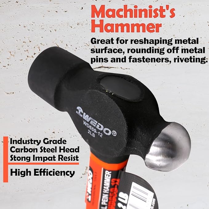 WEDO Ball Peen Hammer Set,with Fiberglass Handle,3 Piece,1lb,1.5lb,2lb,Ball Pein Hammer kit, High Carbon Steel,Shock Resistant, Non-Slip Handle, Die-forged