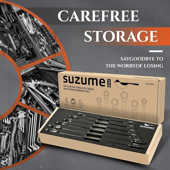 SUZUME Extra Long Flex Head Ratcheting Wrench Set 6PCS (8-19mm) Double Box End Metric EVA Foam 180째 Flexible Head 15K Gear Cycles Tested Black Chrome Finish CR-V Steel for Tight Engine Bays with Pouch