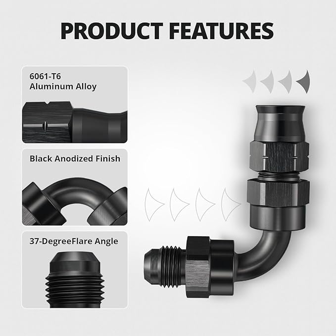 EVIL ENERGY 6AN Male to 3/8" Hardline Compression Fitting Adapter 90 Degree Aluminum Black