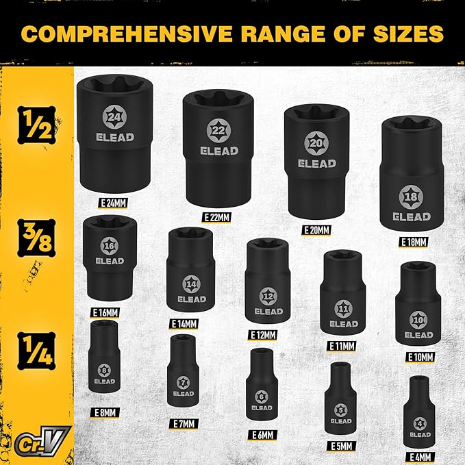 17-Piece Inverted E-Torx Socket Set - Premium Impact Cr-V Steel E4 - E24 Star Female Sockets for Impact Wrench 1/2 3/8 1/4 Drive Precision Torque Kit with Storage Case
