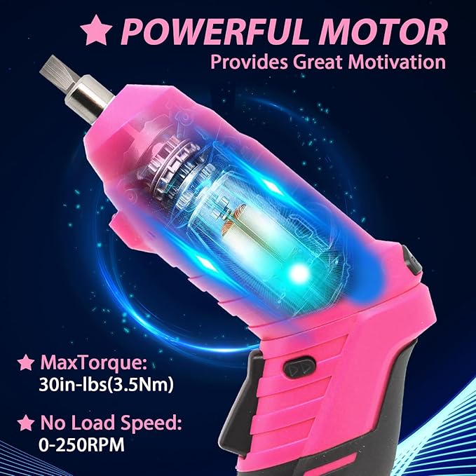 Pink Cordless Electric Screwdriver Set, 3.7V Rechargeable Small Electric Drill with 47pcs Driver Bit Set, Power 3Nm Screw Gun with 2 Position Handle, Flexible Shaft LED Light for Women