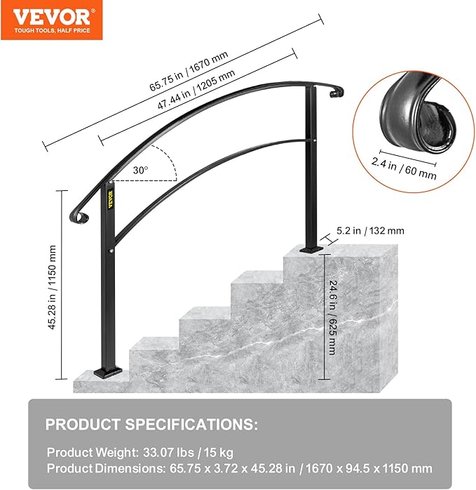 VEVOR Outdoor Steps Handrail, Black Arch#1 Adjustable Metal Staircase Railing for Porch & Deck