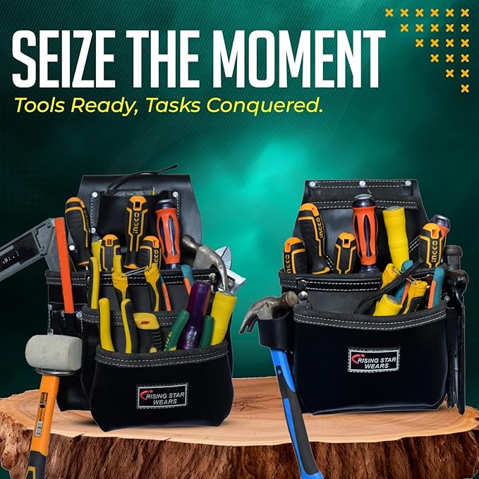 Rising Star 18-Pocket Heavy Duty Leather Tool Belt – Oil-Tanned Utility Tool Pouch with Hammer Holder, Adjustable Waist Tool Bag for Carpenters, Electricians, Construction Workers