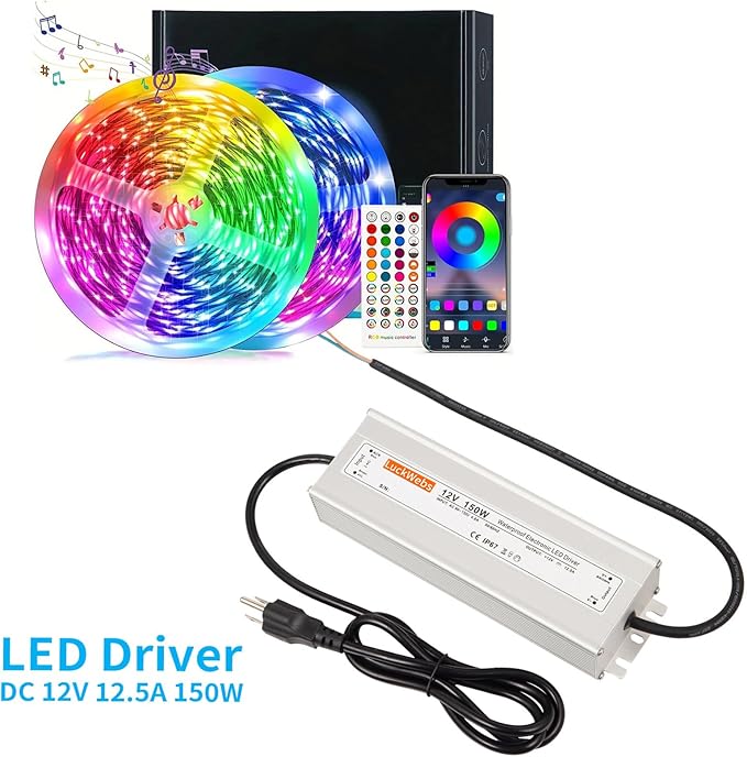 LED Driver 12V150W Waterproof Switching Power Supply AC90-130V to DC 12V12.5A Low-Voltage Transformer IP67 Converter Suitable for Indoor Outdoor LED Strip Lights and 12V DC Devices