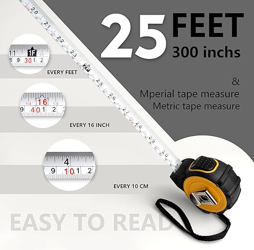 25ft(7.5-Meters) Tape Measure, Self-Lock, Dual Scale,Easy Read Measuring Tape