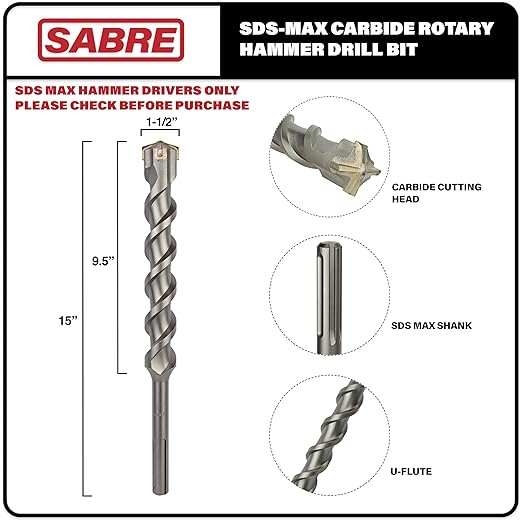 1-1/2 Inch x 15 Inch SDS MAX Rotary Hammer Drill Bit, U-Flute, Carbide Tipped for Brick, Stone, Concrete SDS MAX Drivers ONLY (1-1/2inches x 9.5inches x 15