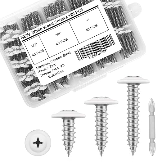 120 PCS #8 Phillips Truss Head White Wood Screw Assortment - Self-Tapping Fasteners for Wall Plates & Woodworking (1/2", 3/4", 1") with Screwdriver Bit