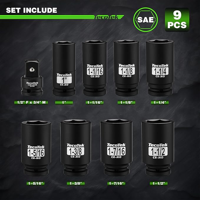 3/4" Drive Deep 6-Point Impact Socket Set, 9-Piece Jumbo Assortment, SAE, Cr-Mo, 1-Inch to 1-1/2-Inch Size, 1/2" F to 3/4" M Impact Socket Adapter