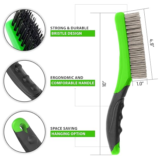Wire Brush Set-Heavy Duty Stainless & Carbon Steel Bristles with Plastic Handle Grip for Rust, Wielding Slag, Dirt & Paint Scrubbing with Deep Cleaning ??10 Inches (Pack of 2-Green)