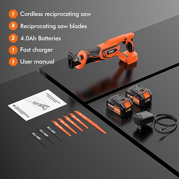 Reciprocating Saw Cordless with 8 Blades: 2 x 4.0Ah Battery, Brushless Motor 3300 RPM, Cordless Reciprocating Saw Kit for Wood PVC Metal Tree Bone Cutting DIY (Orange)