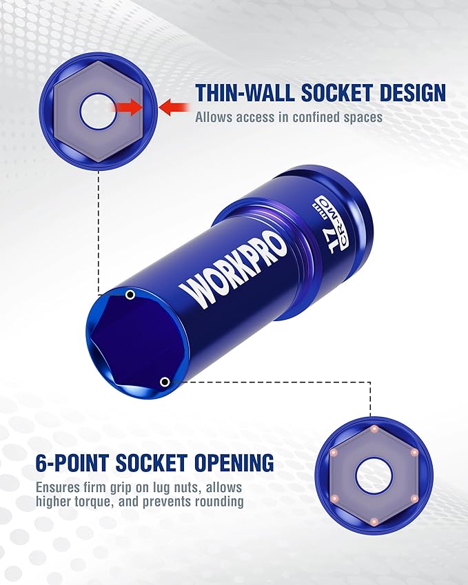 WORKPRO 1/2" Drive Lug Nut Impact Duty Socket Set, 3 Pieces 17-19-21mm Deep Thin Wall Socket Set, Made of Premium Cr-Mo Steel, Non-Marring Lug Nut Wheel Sockets for Car