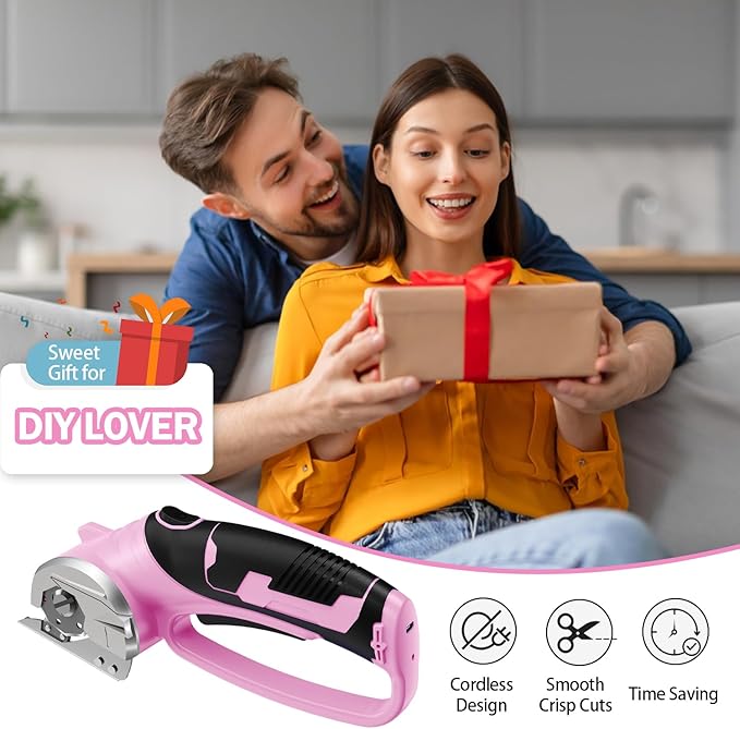 Cordless Electric Scissors, 4V Rechargeable Box Cutter & Cardboard Cutter with LED Light, Safety Lock - Rotary Cutter for Fabric, Leather, Carpet, Plastic, Crafting, Sewing with Storage Box (Pink)
