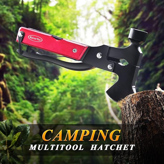 RoverTac 14-in-1 Multitool Camping Axe Hatchet ??Essential Camping Gear with Knife, Hammer, Saw, Bottle Opener, Screwdriver ??Multi Tool with Sheath ??Gifts for Men, Dad, and Outdoor Adventures