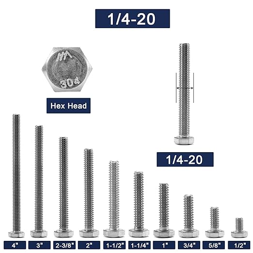 1/4-20 x 1/2" Hex Head Screw Bolt, 10Pcs 18-8 (304) Stainless Steel, Fully Threaded, Plain Finish by SG TZH