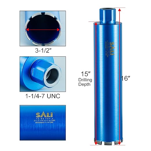 SALI Wet Diamond Core Drill Bits 3-1/2"/92mm Diameter, 15"/380mm Drilling Depth Concrete Core Drill Bit, 1-1/4-7" Thread Core Bit Turbo Laser-Welded Segments with Rebar, Brick, Block, Masonry, Stone