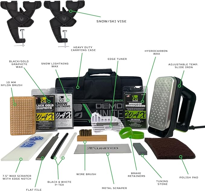Demon Podium Delux Ski Snowboard Tune Kit w/Iron, Premium Universal Wax Kit 399 Grams, Vise, Waxing Apron & Base Cleaner