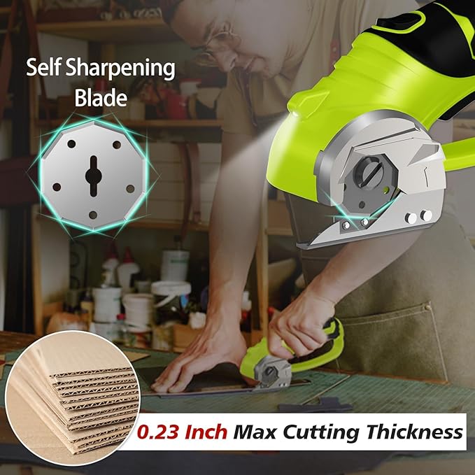 Cordless Electric Scissors, 4V Rechargeable Box Cutter & Cardboard Cutter with Titanium Blade, LED Light, Safety Lock - Rotary Cutter for Fabric, Leather, Carpet, Plastic, Crafting, Sewing (Green)