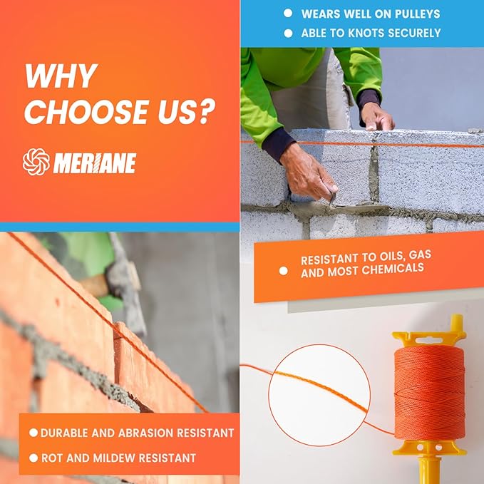 MERIANE Mason Line w/Reloadable Line Reel, 1000FT Nylon String Line, 18# Braided Twine String for Masonry Job, Level Lines in Construction, Gardening, Fluorescent Orange
