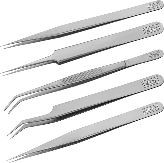 5 PCS Precision Tweezers set Upgraded Anti-Static Stainless Steel Heat Resistant, Curved, Jewelry, Electronics, Craft, Soldering, Experimental Work (5)