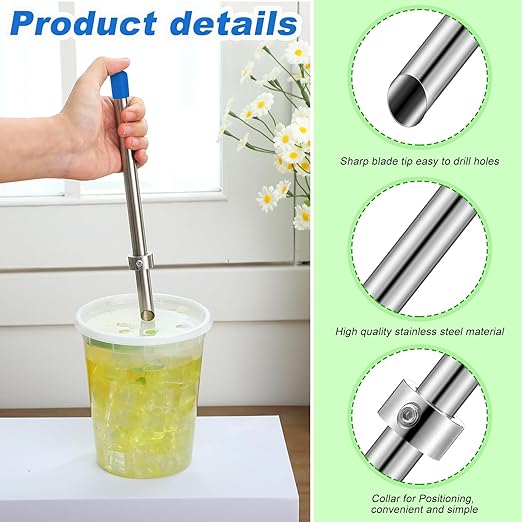 Lasnten 2 Pack Straw Puncher for Plastic Lids Lemonade Cups, Stainless Steel Straw Hole Puncher Punching Tools for Cafe Drinks Deli Container Squeezed Fresh Lemonade Stand Supplies(8.7 Inch,Blue)