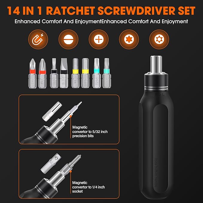 MAXME100짰 Magnetic 12-in-1 Household Ratcheting Screwdriver Set - Professional Tool kit for Home Improvement (Ratchet-14 in 1)