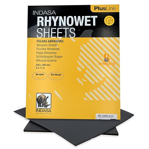 Indasa 50 PCS 9x11??Wet & Dry Sandpaper Sheets, 80 GRIT, Clog-Resistant Abrasive for Wood, Metal, Auto, Paint & Clear Coat Finishing, Sand Paper Aluminum Oxide, Plusline