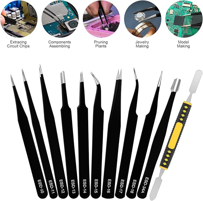 Ainiv Precision Tweezers Set, 11PCS Anti-Static ESD Tweezers Set, Non-Magnetic Stainless Steel Curved Tweezers Set for Modeling, Electronic, Handicraft, Laboratory, Jewelry, Beauty Eyebrow Eyelash etc